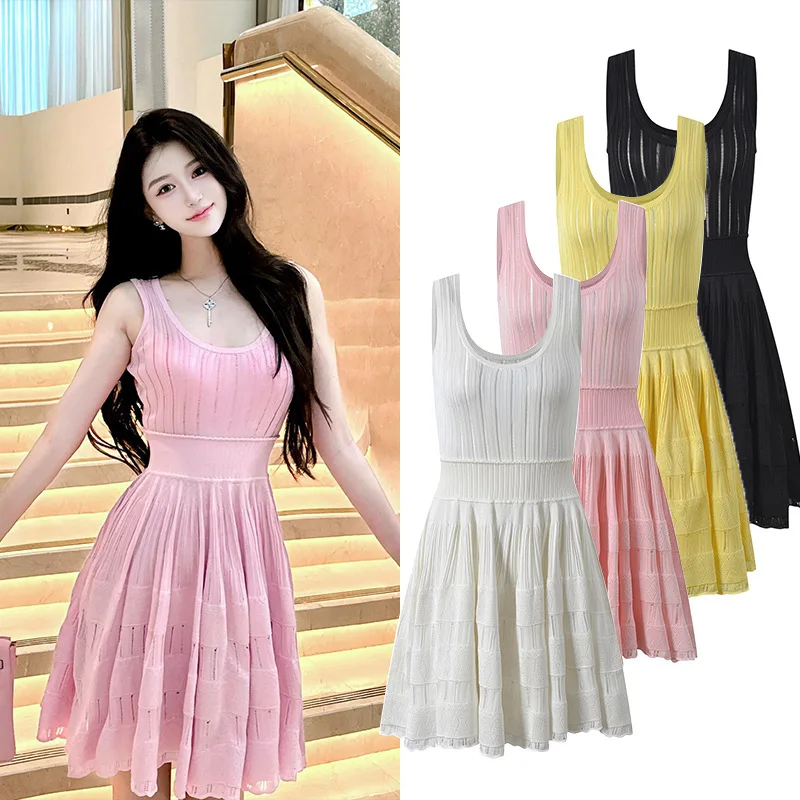 

CHUJIE Pleated Knit Dress - Hollow U-Neck Suspender - Waist Cinched Bodycon - Summer Sleeveless Outfit - Stretchy Viscose Blend