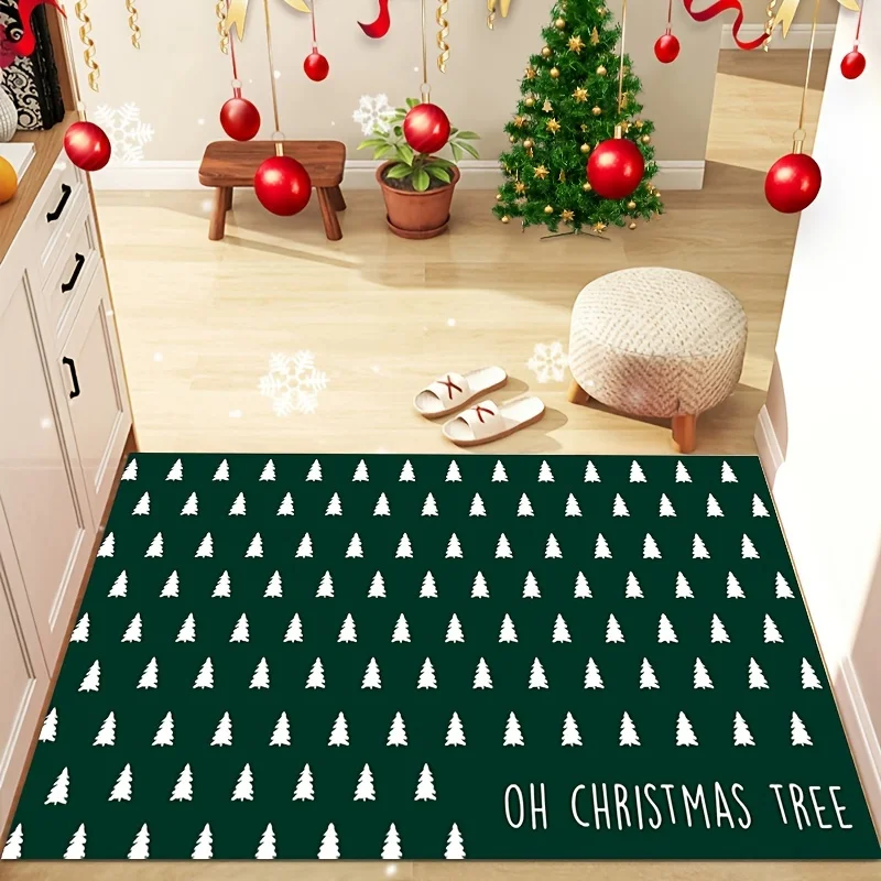 Christmas Printed Door Mat with Green Pattern Anti Slip Carpet Made of Polyester Suitable for Living Room Entrance Felt Rugs