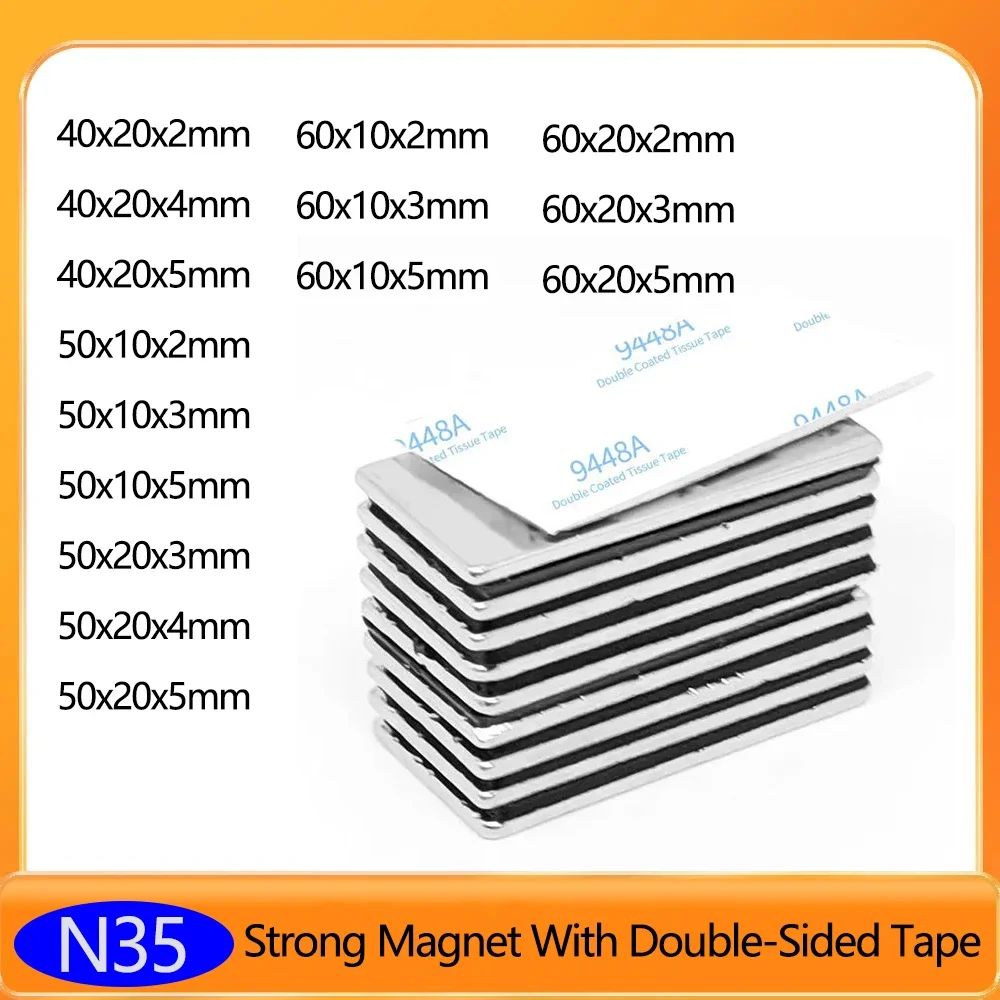 40x20x2mm Block Strong Powerful Magnets With Double Sided Adhesive Tape 40*20*2 Long Neodymium Magnet Sheet 40x20x2 50x10x2