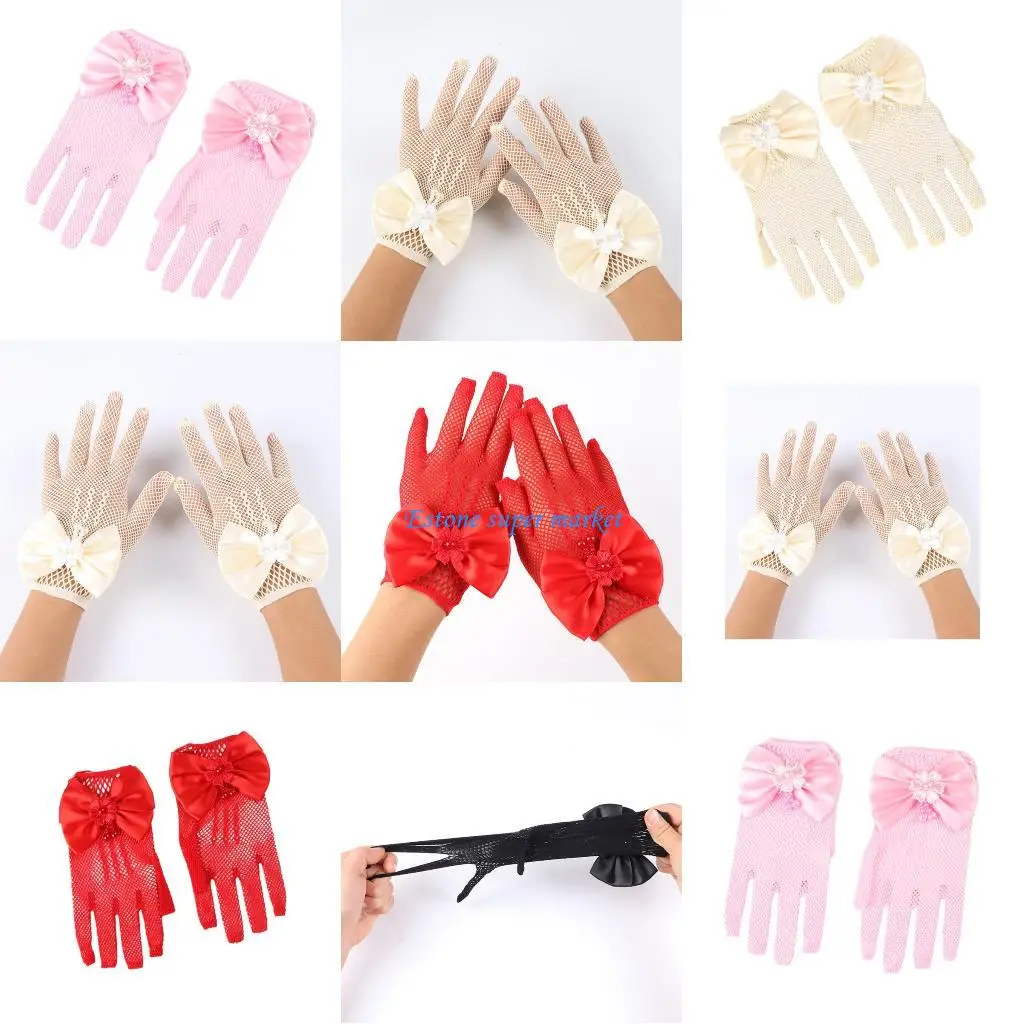 

090B Girls' Elegant Mittens Lace Pearls Gloves with Bowknot Detailing for Enhancing Wedding and Party Outfits