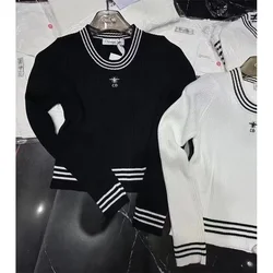 Women's Clothing Basic Striped Slim O-neck Knitted Pullovers Autumn Winter Soft Wool Embroidery Sweater Solid Casual Commute Top