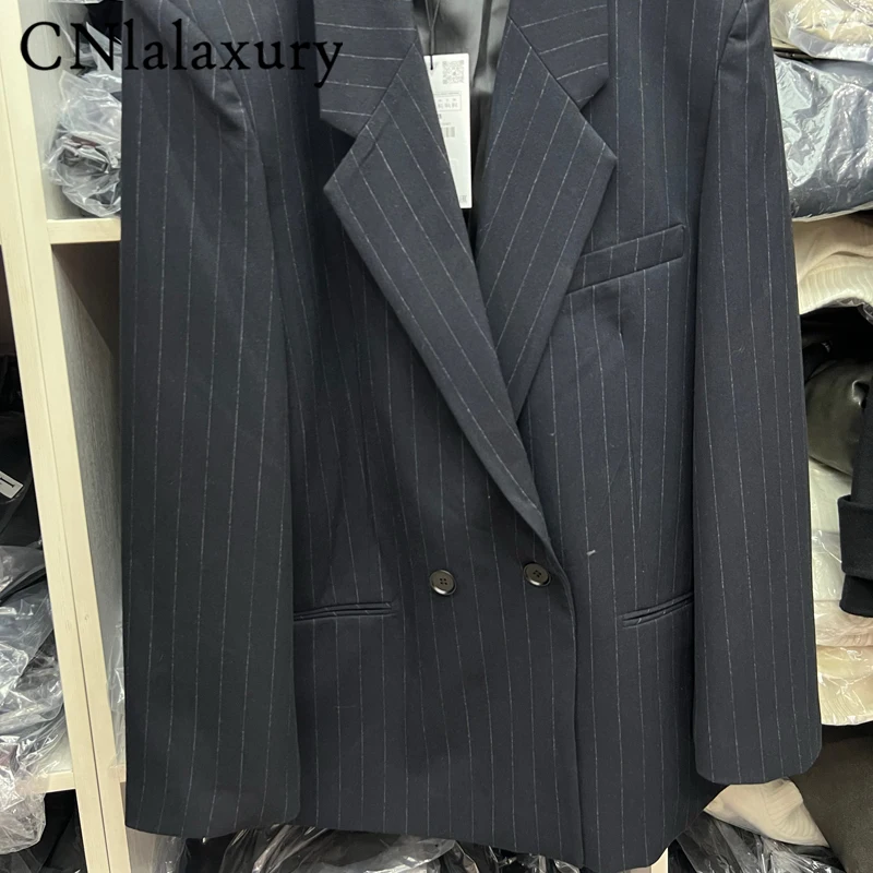 Original Quality Vintage Women Blazer Striped Double Breasted Long Sleeve Loose Blazer Strip Suit Jacket Office Lady Blazers