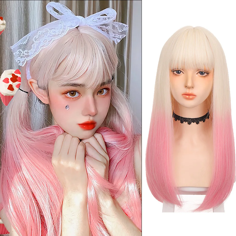 

24-дюймовый блондин-розовый парик для женщин, парик Боб с челкой, синтетический красочный прямой парик для Хэллоуина и рождественских вечеринок