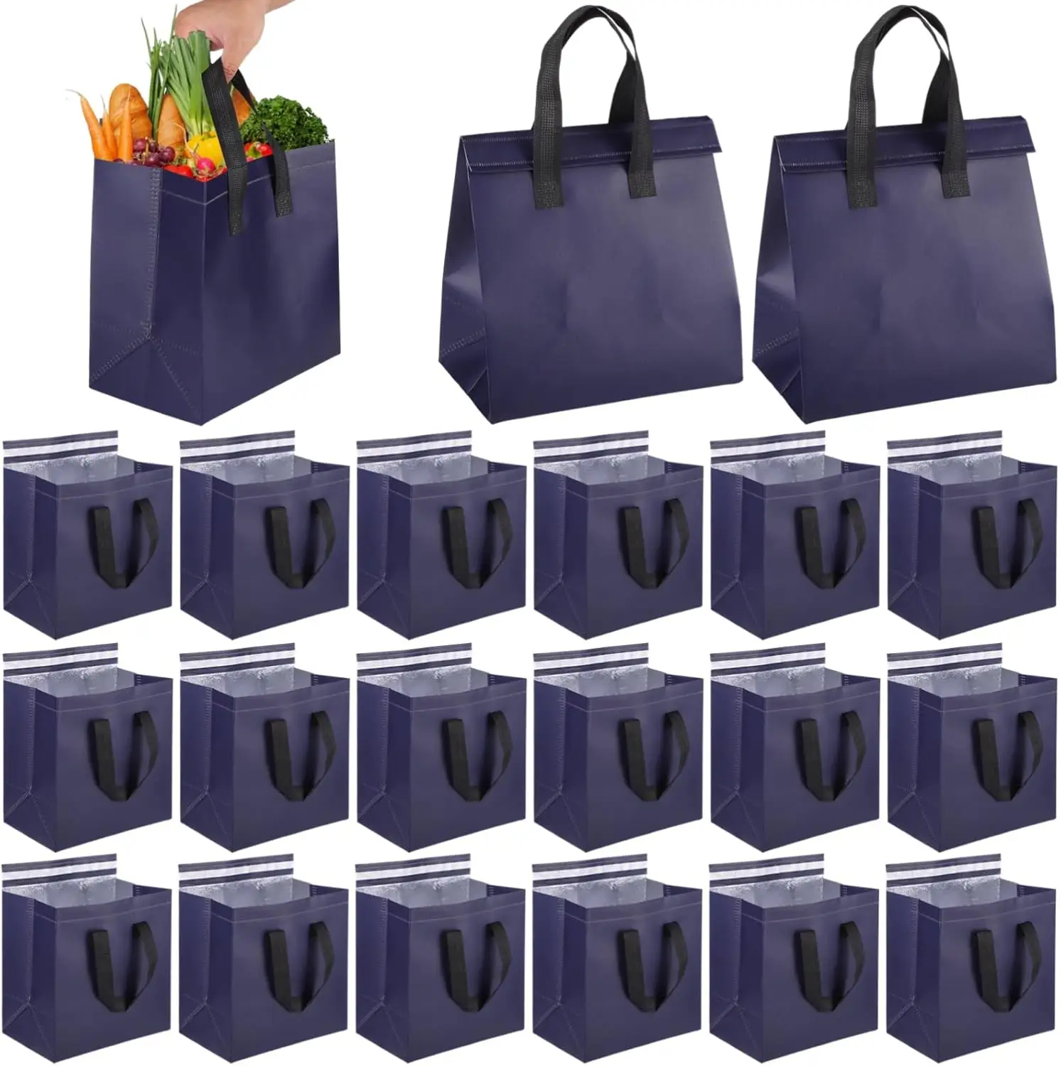 50 PCS Insulated Cooler Bags, Large Thermal Tote with Aluminum Foil & Adhesive Closure, Waterproof Portable Grocery Bag for Picn