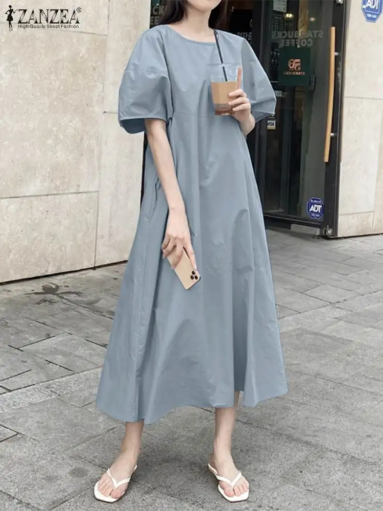 ZANZEA Korean Fashion Solid Dress Woman Short Sleeve O-Neck Mid-Calf Length Robe Female Casual Holiday Sundress Elegant Vestidos