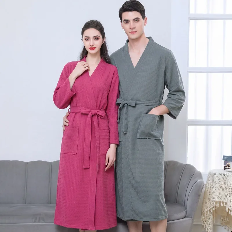 Waffle Hotel Bathrobe Women  Men Long Robe Absorbent Quick-drying Four Seasons Universal Thin Couple Nightgown Pajamas