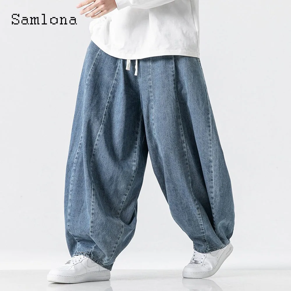 Men's Stand Pocket Casual Street Demin Pants Jeans Bloomers Wide Leg Trousers 2026 European Fashion Style Drawstring Basic Pants