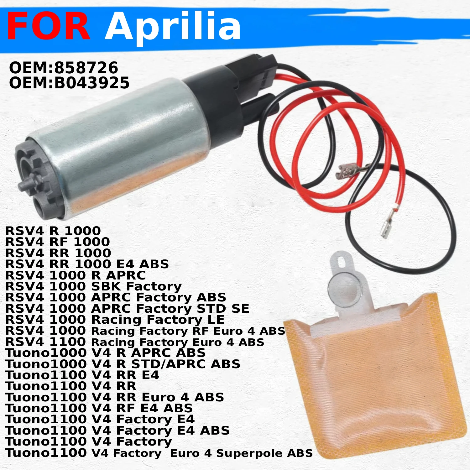 

Motorcycle Fuel Pump For Aprilia RSV4 1000 R RF RR SBK APRC Racing Factory / Tuono1000 V4 OEM:858726 / B043925