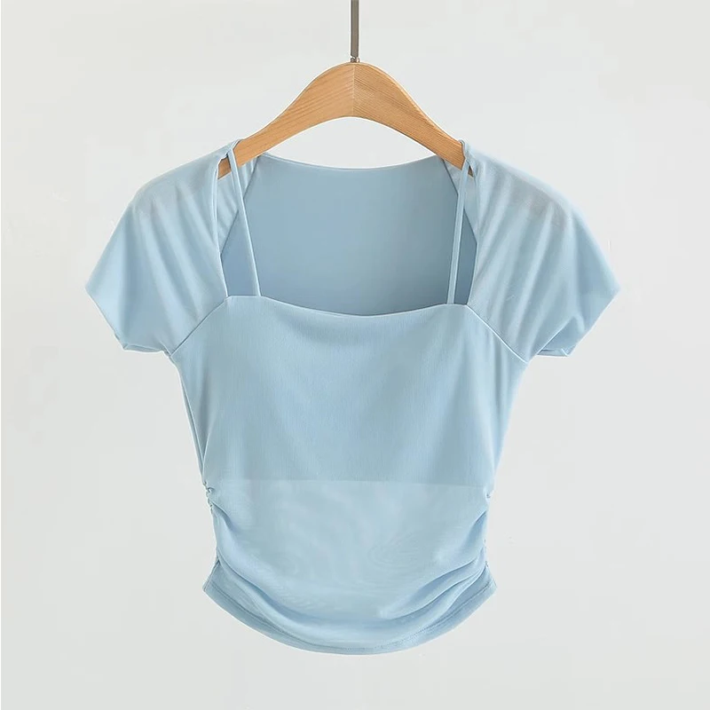 Gepolsterte Yoga-Shirts für Damen, Kurzarm-Sport-Crop-Top, Fitness-Workout-T-Shirt, Sexy Cropped-Lauf-Tights, Gym-Bekleidung – Detail 4