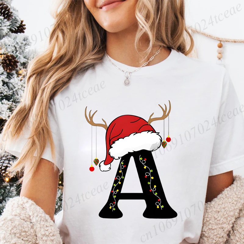 T-Shirt Women Christmas 26 Alphabet Print Fashion Merry Family Matching Female Clothing Casual Xmas Party Tees Short Sleeve Top