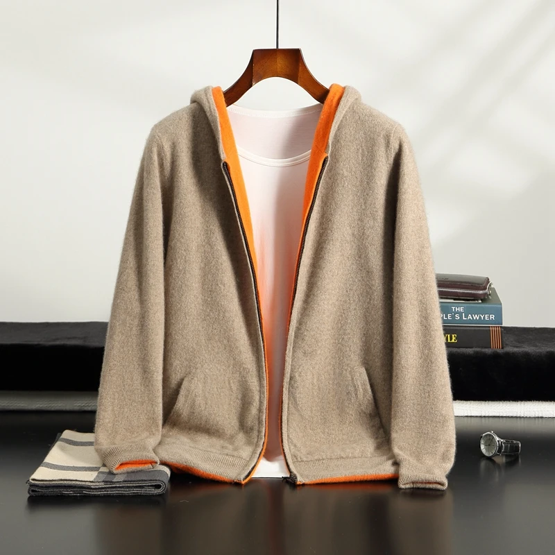 

Autumn Winter Pure Cashmere Sweater Double-sided Cardigan Men's Casual Zipper Thickened Cashmere Knitted Hooded Sweater Coat