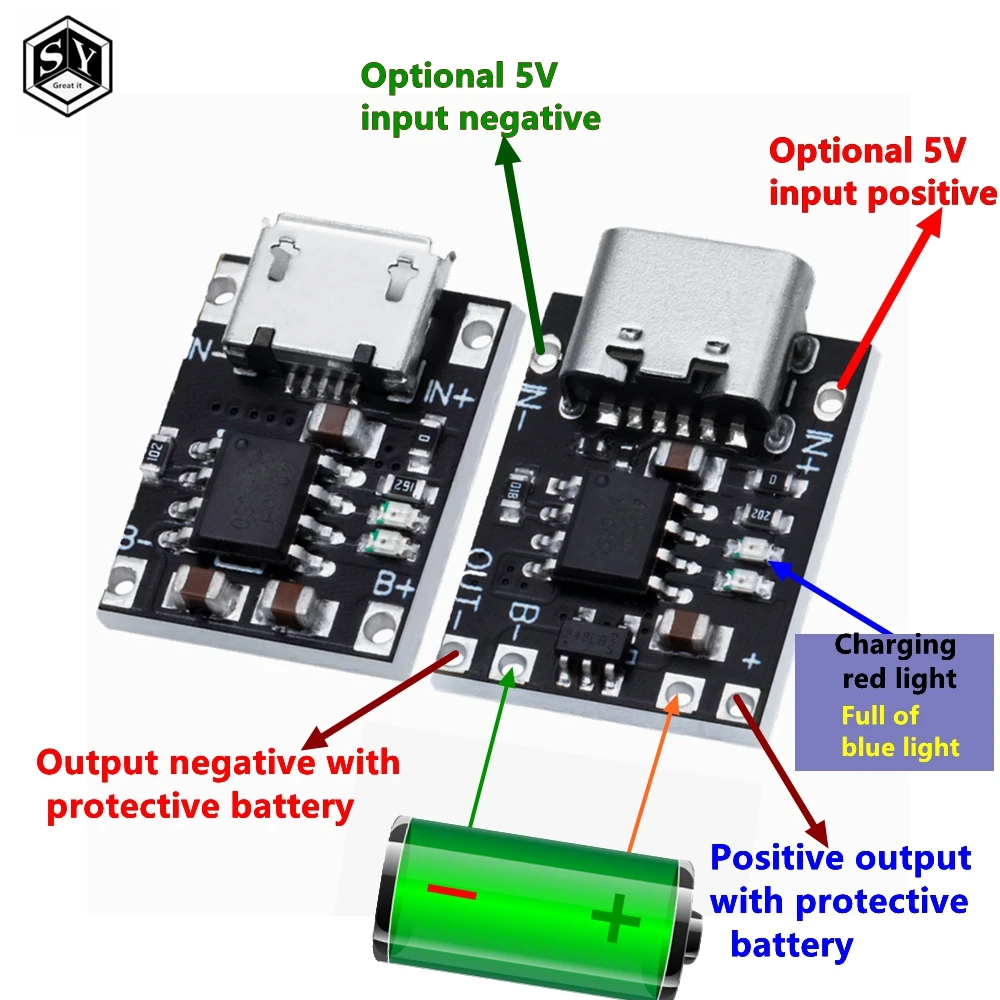 Mini lithium battery charging module 1A/1.2A charging board TP4056 module 18650 charger MICRO  TYPE-C interface