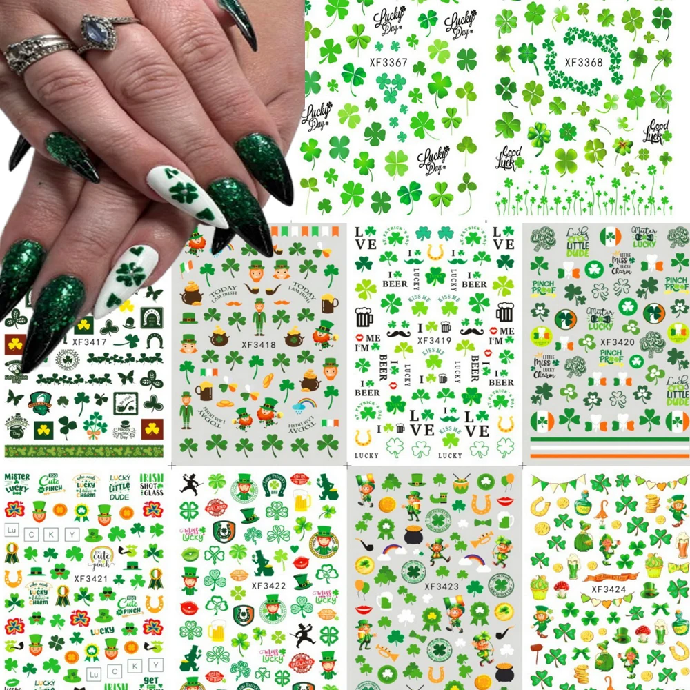 10Pcs Green Four Leaf Clover 3D Nail Stickers Leaf Flower Grass St. Patrick Festival For DIY Manicure Slider Spring Nail Decors*