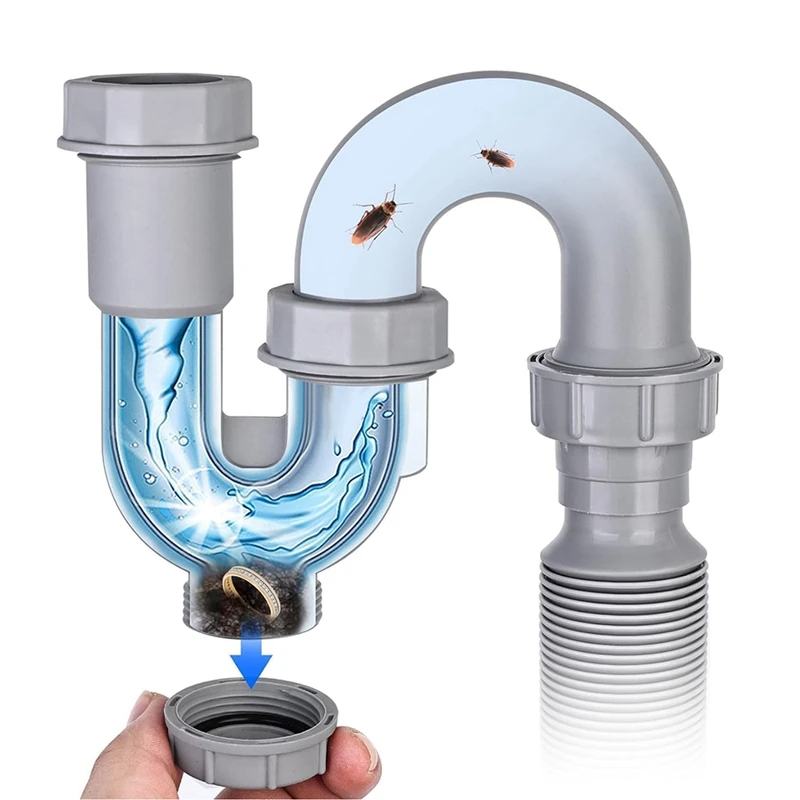 AAAN-1 Kit tubo di scarico per lavello da cucina da 1/4 di pollice con tappo di pulizia Anti-odore, tubo di scarico flessibile a forma di U Prevenzione del riflusso