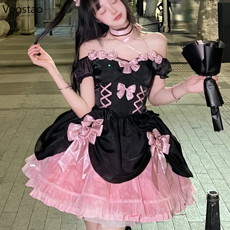 Japońska sukienka Gothic Lolita kobiety słodka czarna różowa księżniczka Mini sukienki dziewczyny Kawaii bandaż róża kokarda suknia wieczorowa