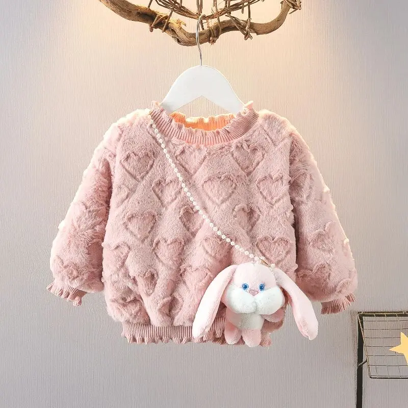 

Girls' velvet base shirt baby fashion autumn and winter outfit pullover top children's thick hoodie