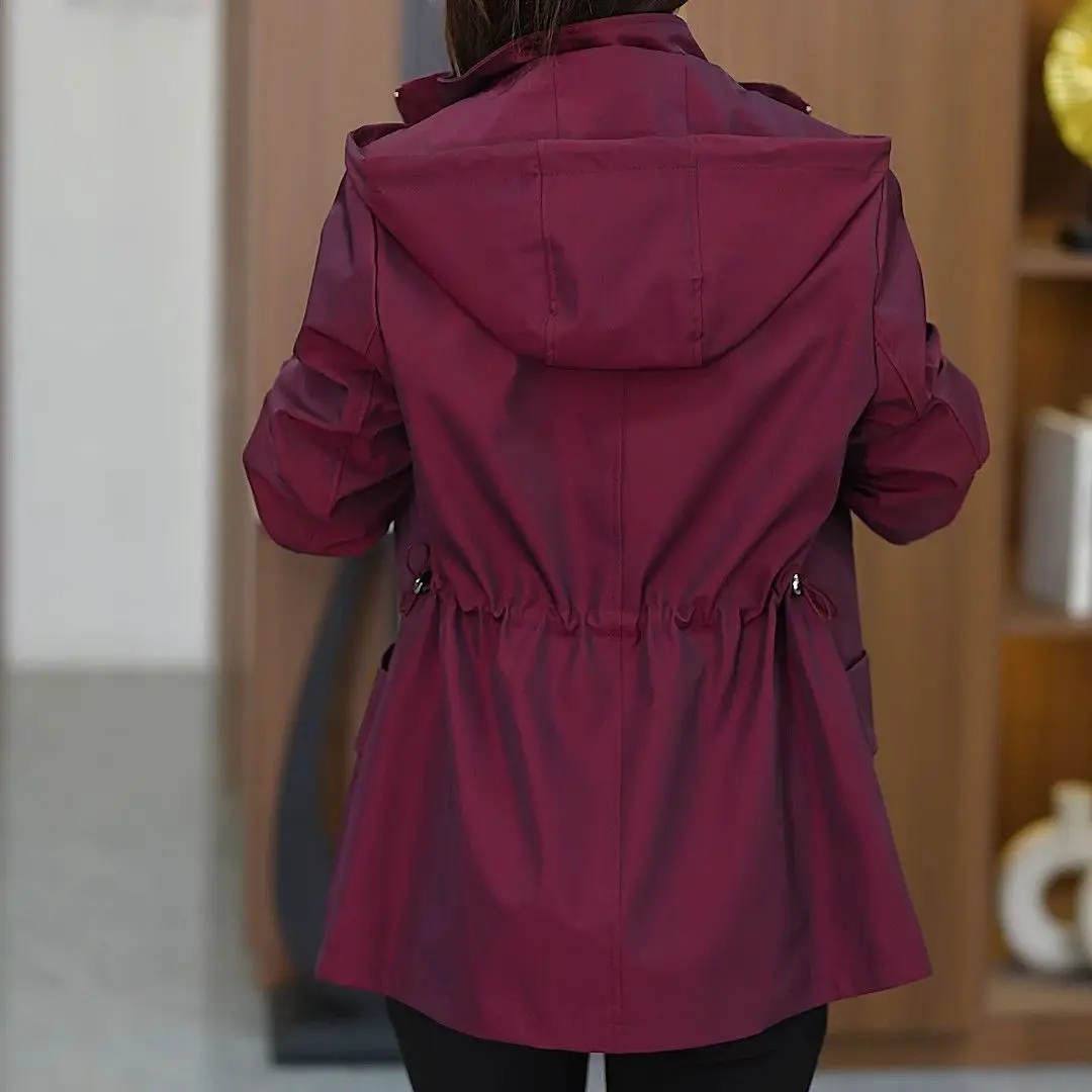 Elegant Hooded Lightweight Windbreaker Women Zip Snap Button Drawstring Waist Mid Length Loose Casual Outdoor Jacket Outerwear