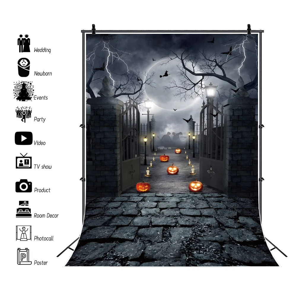 Halloween Backdrop Horror Moon Night Castle Pumpkin Lantern Trick Or Treat Party Background Baby Family Photo Photographic Props