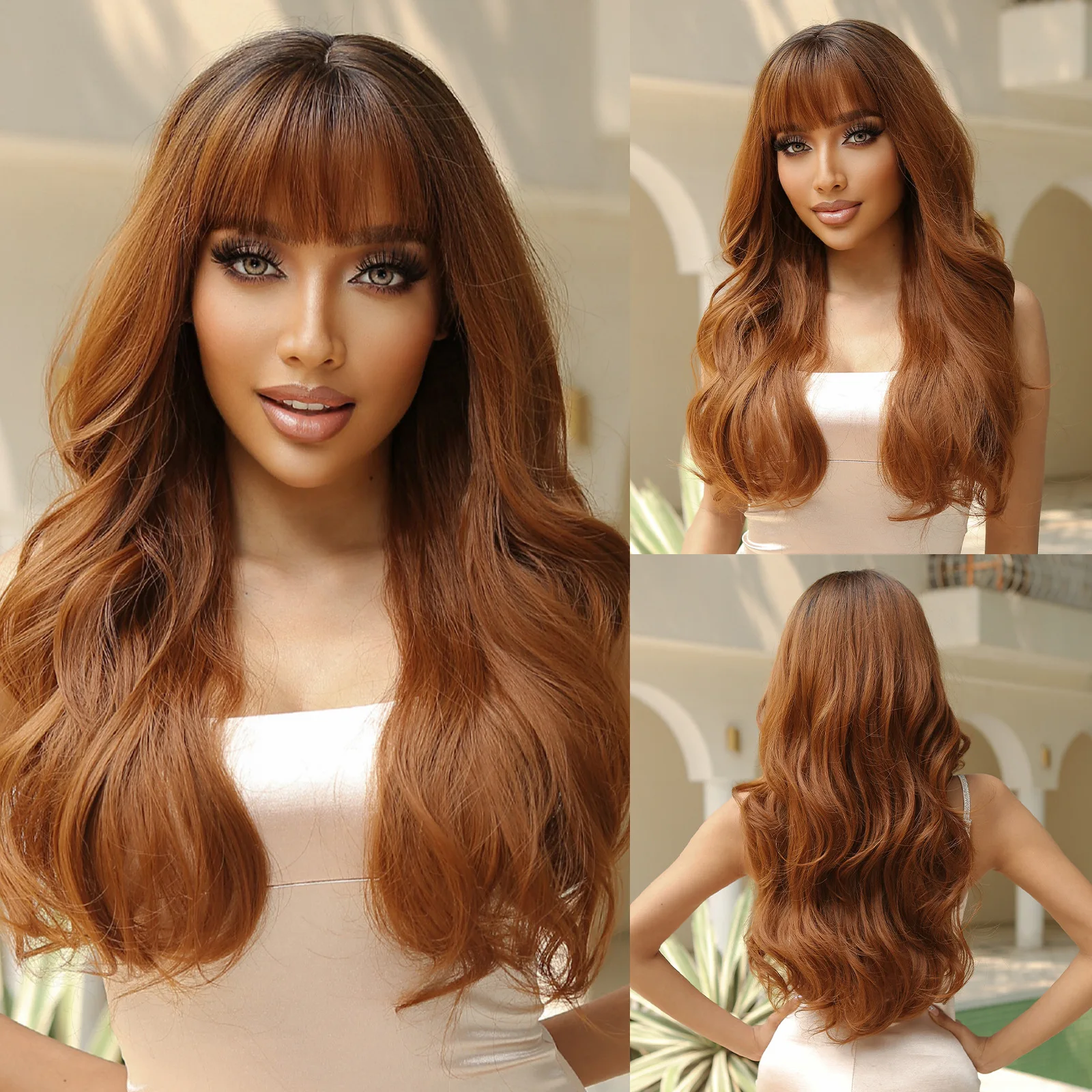 

Wig orange brown bangs big wavy long curly full headgear wigs