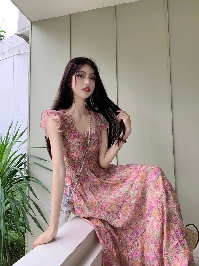 Vestido retrô suave estilo gola quadrada novo vestido fino e doce com manga voadora