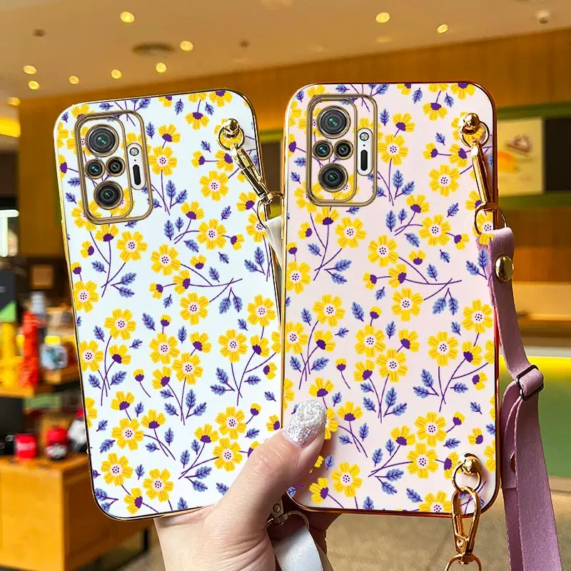 Bellflower Plant Lanyard Plating Phone Case For Xiaomi Redmi Note 10Pro 10S 10 10T 11S 11E 11TPro 11Pro 11T 11 12 12R 12S Cover