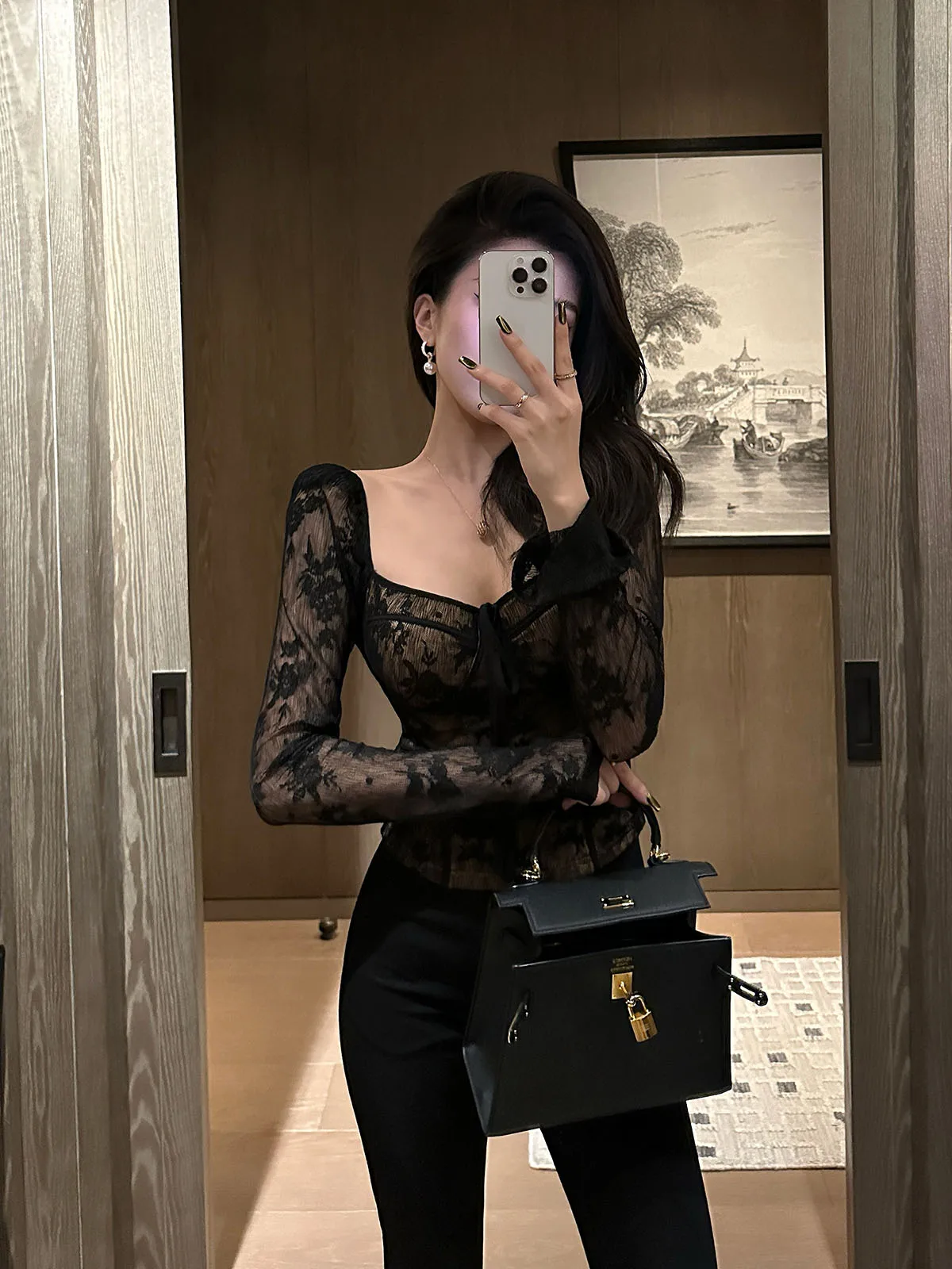 

Chic Long Sve Lace irt Women's Slim Fit Faionable Hollow out Breathable Polyester Fiber Square Collar Daily Wear
