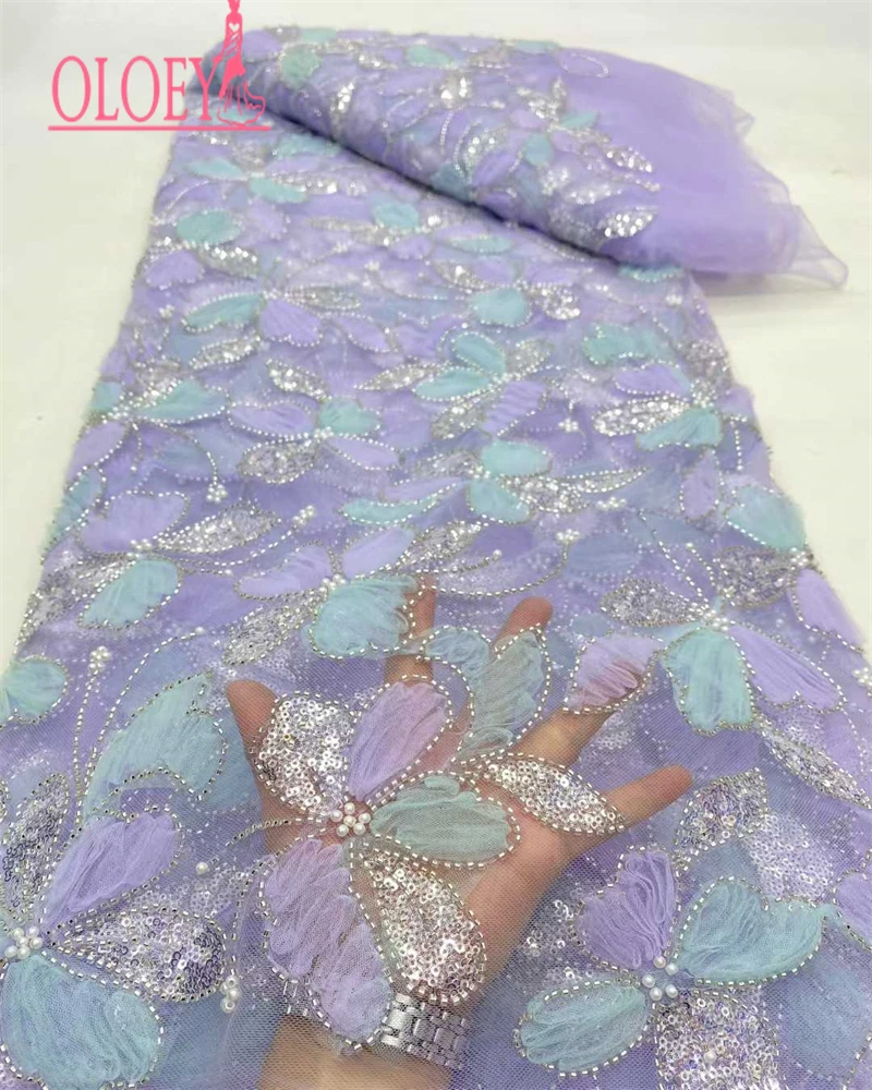 

OLOEY African Sequins Groom Lace Fabric High Quality Embroidered 3D Beads French Tulle for Nigerian Wedding