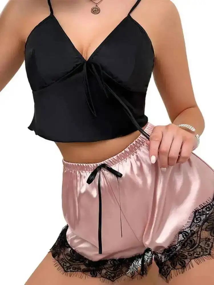 Sexy Women's Camisole Shorts Sets Homewear Ice Silk Backless Backless Deep V Sleeveless Drawstring Lace Trimmed Shorts Sets 4UHE