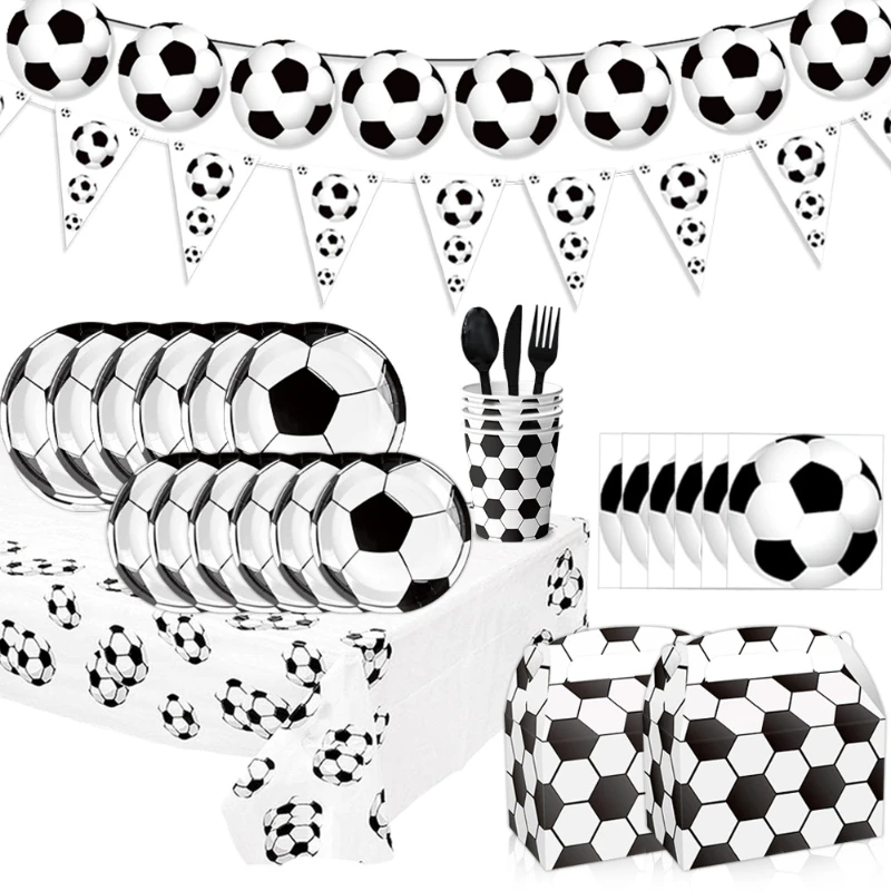 Football Themed Parties, Paper Plates, Birthday Utensils, Paper Cups, Tissues, Tablecloths, Triangular Flags, Decorative Banners