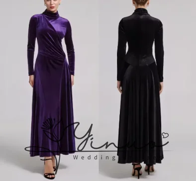 

customized Velvet Mock Neck A-Line Evening Dresses Saudi Arab Prom Gown Formal Exquisite High Quality Party Gowns for Women