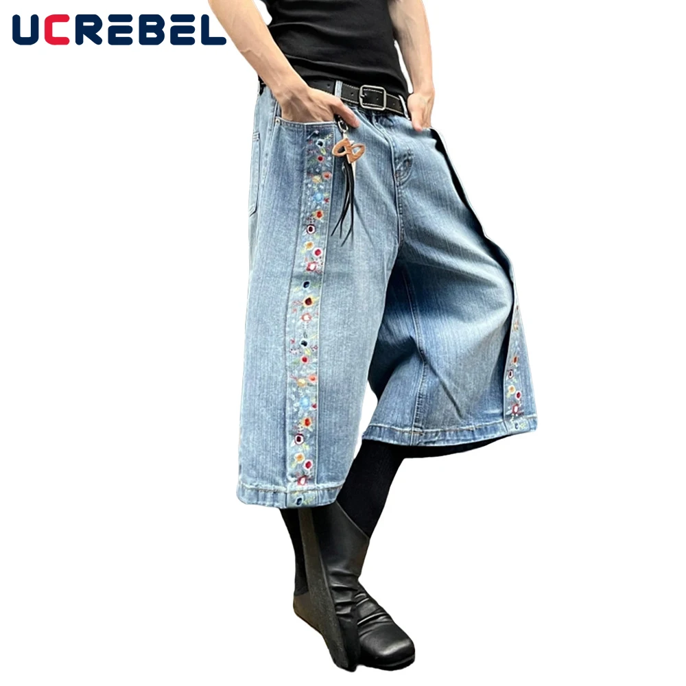 ดอกไม้พิมพ์ Spliced กางเกงยีนส์กางเกงขาสั้น Mens Retro High Street ล้าง Distressed หลวมขากว้าง Jorts Men