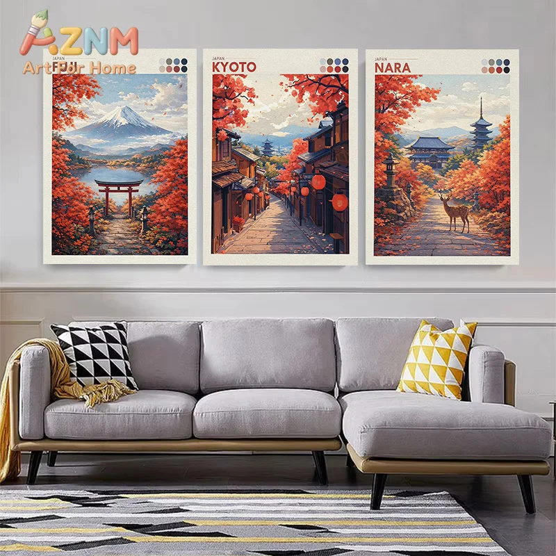 AZNM Japan Travel Canvas Wall Art, Hakone Mount Fuji Nara Deer Pagoda Autumn Scenery Retro Poster Print, Oriental Landscape Home
