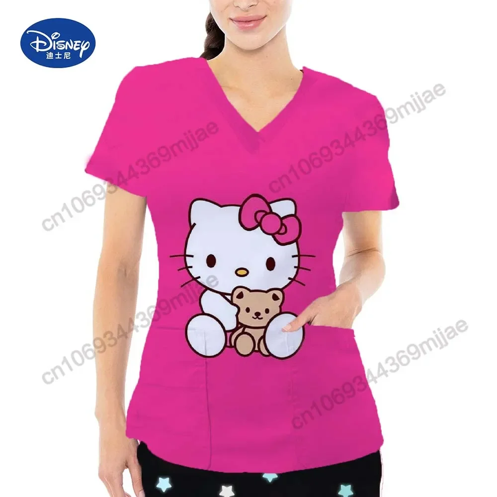 2024 Summer New V-neck Large Pocket Disney Cartoon Pattern Comfortable Casual Women's T-shirt Y2K Design Style Nurse's Clothing