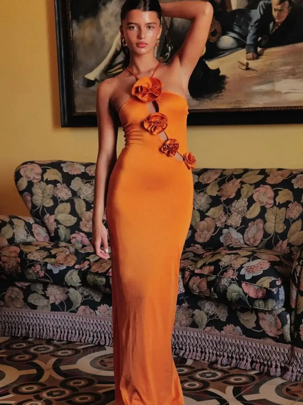 New Women Luxury Sexy Cut Out Satin Orange Maxi Long Dresses Elegant Evening Party Club Dress vestidos largos