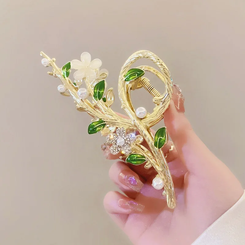 قطعة واحدة من مشبك شعر فرع الزهور للنساء، مشبك شعر عالي الجودة للربيع، مشبك سمك القرش الكبير لظهر الرأس #5