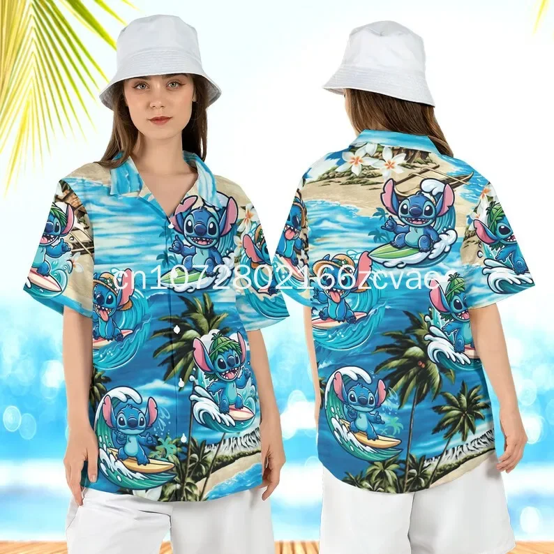 2024 New Disney Stitch Vacation Hawaiian Shirt Men And Women Button Up Hawaiian Shirt Fashion Beach Short Sleeve Shirt