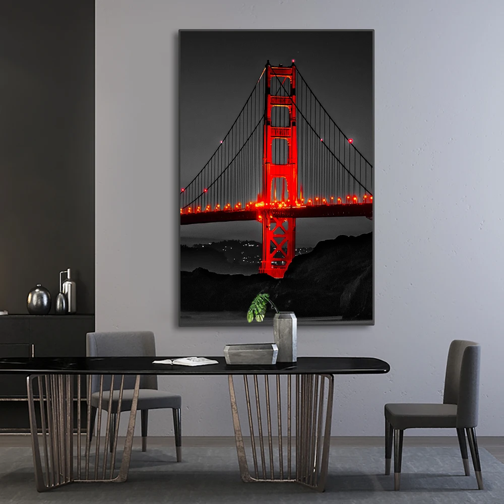 3PCS Frameless Poster Golden Gate Bridge Night Landscape Canvas Painting Wall Art Prints Pictures for Living Room Home Decor view 5