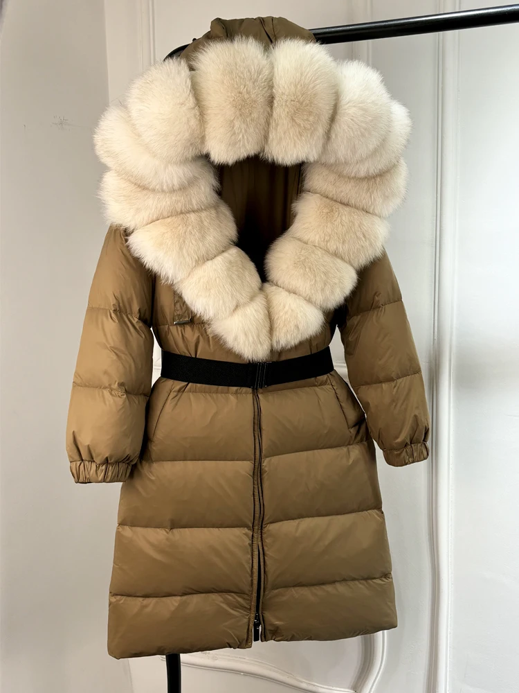 Lagabogy 2025 Winter Puffer Jacket Women Real Fox Fur Hooded Collar Thick Warm Long White Duck Down Coat Loose Luxury Outerwear