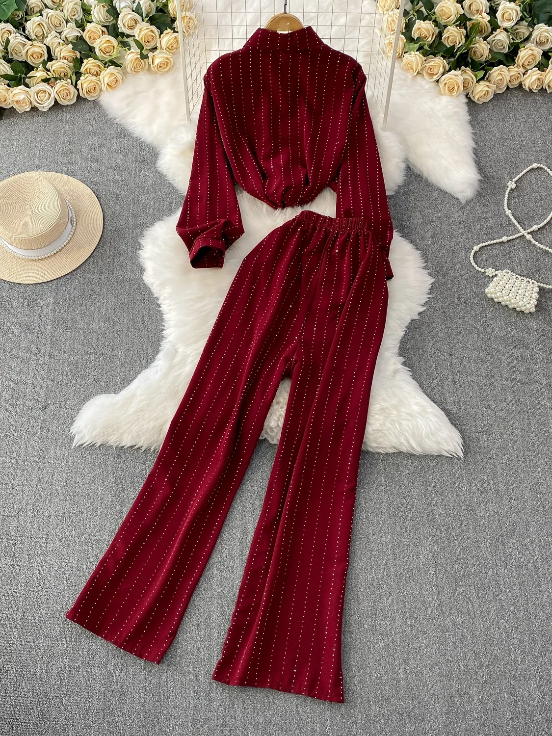 

2025 New Faionable Loose Diamond Embellied Long Sve Sun Protection irt And Pants Two-Piece Set Slimming Wide Leg Pants