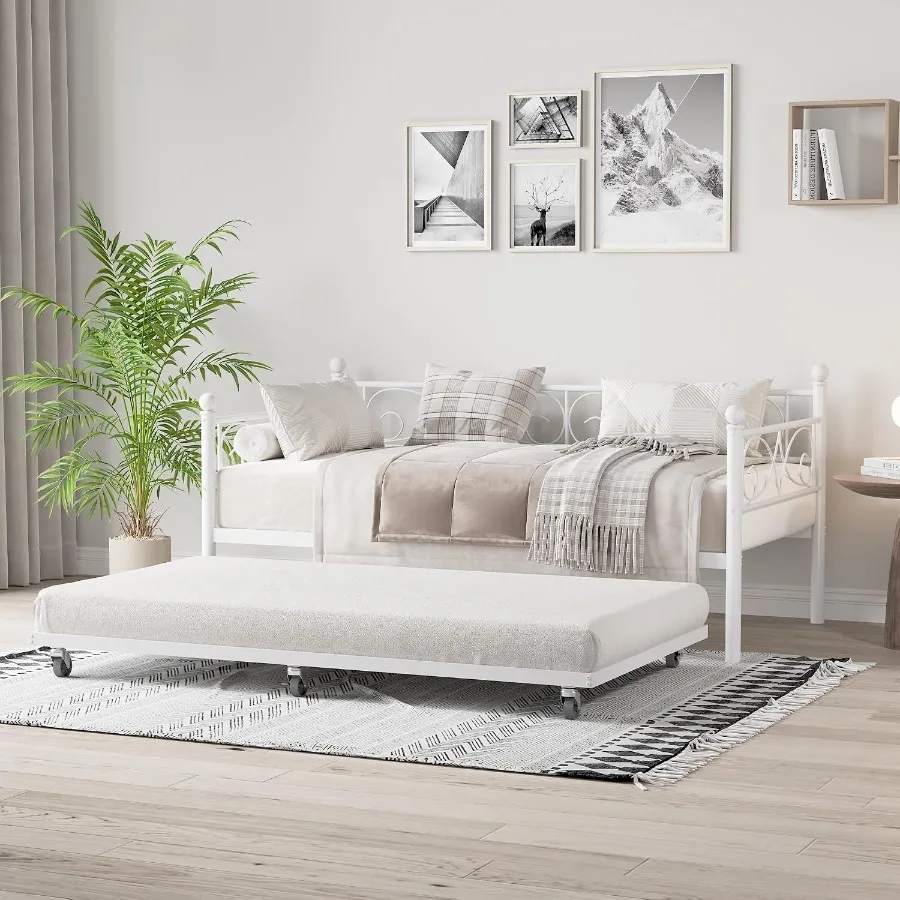Twin Daybed with Trundle Bed, Heavy Duty Metal Twin Bed Frame with Pull Out Trundle, Modern Bedframe with Headboard, Sturdy Ste