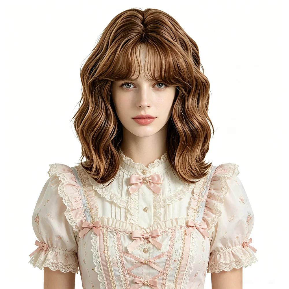 Caramel Warm Brown Short Wavy Bob Wig For Women Layered Cut Natural Curl Heat Resistant Synthetic Wig Cosplay Party Daily Use