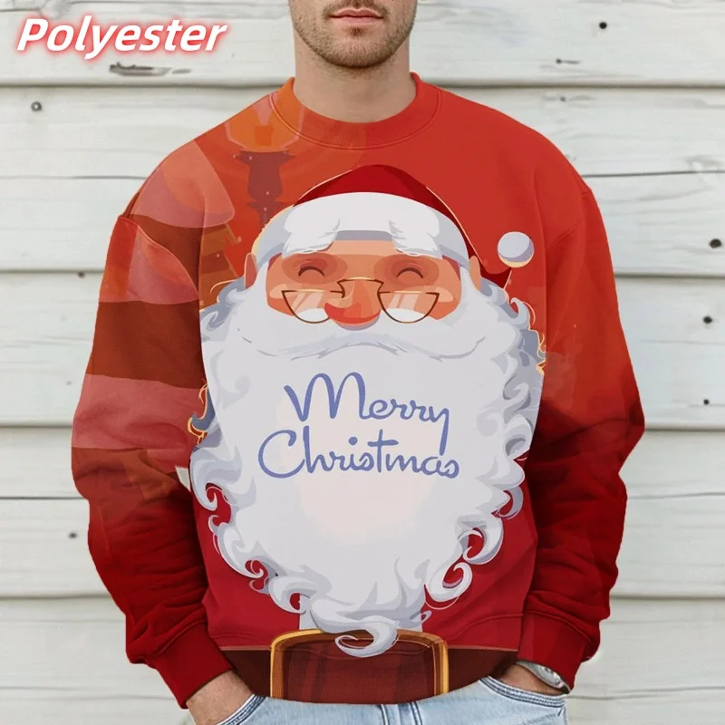 

3D Printed Santa Claus Hoodie Christmas Tree & Snowman Pattern Long Sleeve Men's Sweatshirt Casual round Neck Pullover