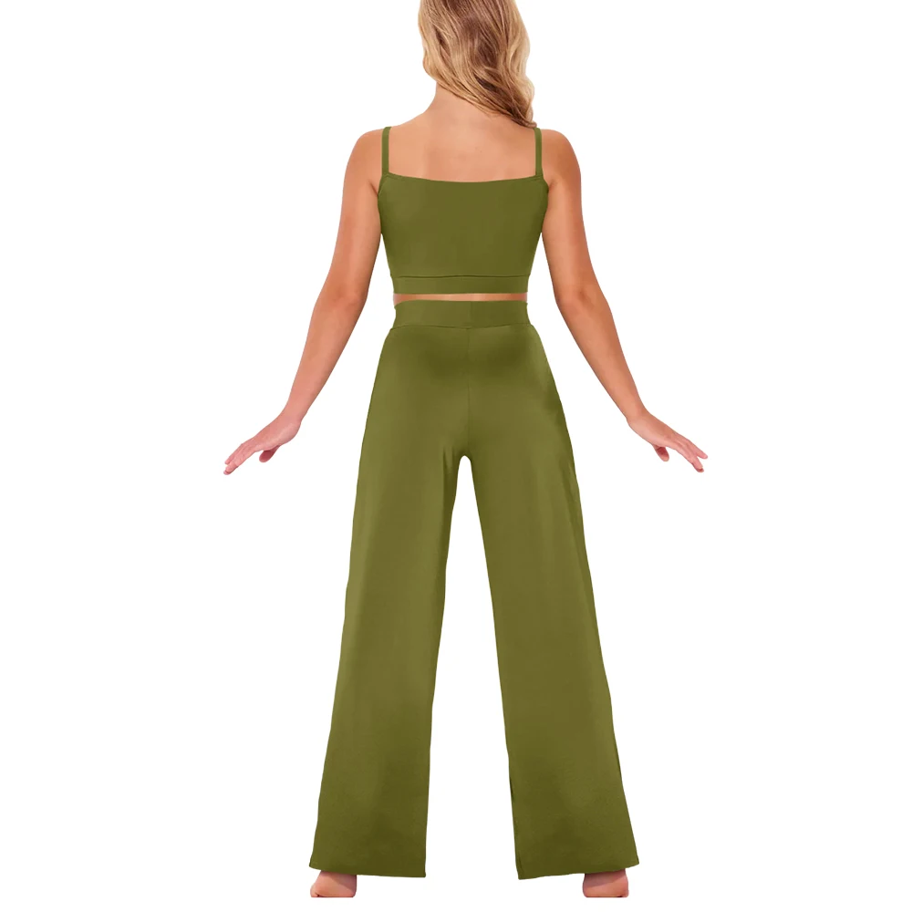 MiDee Zestaw do Tańca Nowoczesnego dla Dziewczynek, 2-częściowy Komplet: Plisowany Top na Ramiączkach i Spodnie z Szerokimi Nogawkami, Strój do Tańca Lirycznego Modern