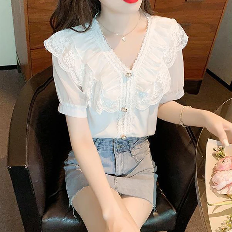 Women\'s Summer Stylish Ruffle Lace Patchwork Blouse White Elegant Chic Sweet Beaded Shirt V Neck Short Sleeve Tops Casual Blusas