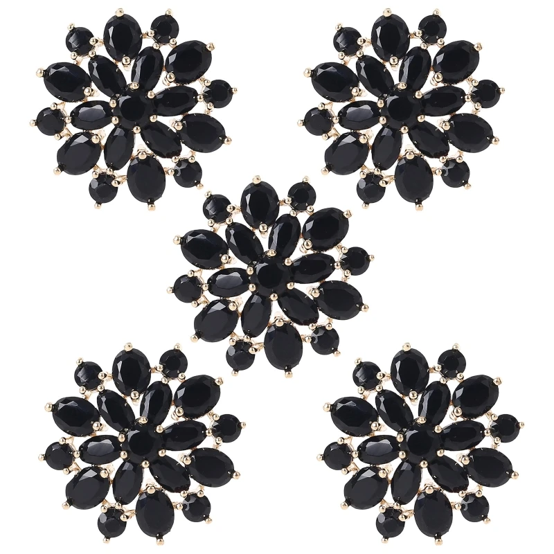 5Pcs 21mm Black for Rhinestone Flower Shaped Buttons with Metal Loop Jewelry Embellishments for DIY Crafts Garment Acces