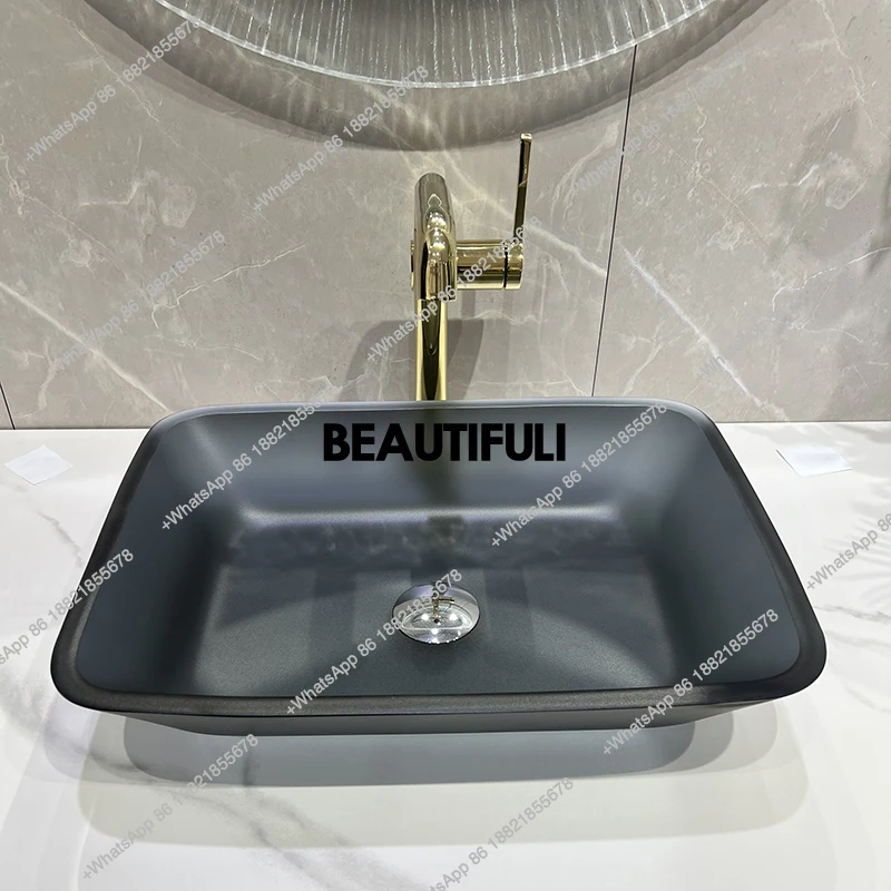 

Trendy frosted tempered glass countertop basin, European gold tea color rectangular washbasin, gray artistic washbasin