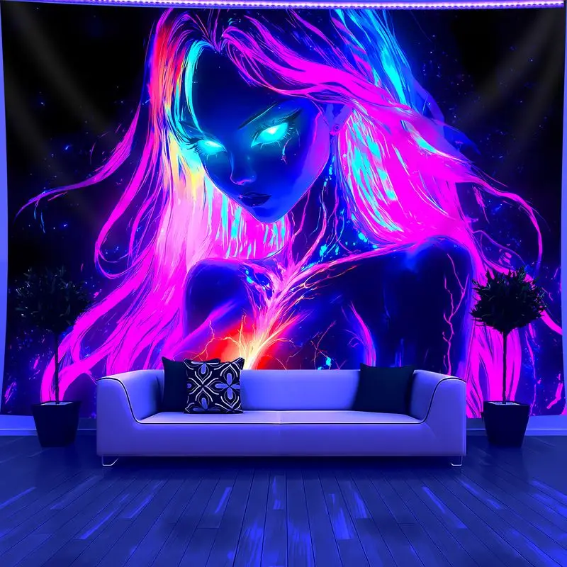 VIKAMA Blacklight Cyberpunk Woman Tapestry Neon Pink Blue Girl Wall Hanging UV Reactive Y2K Indie Aesthetic Room Decor