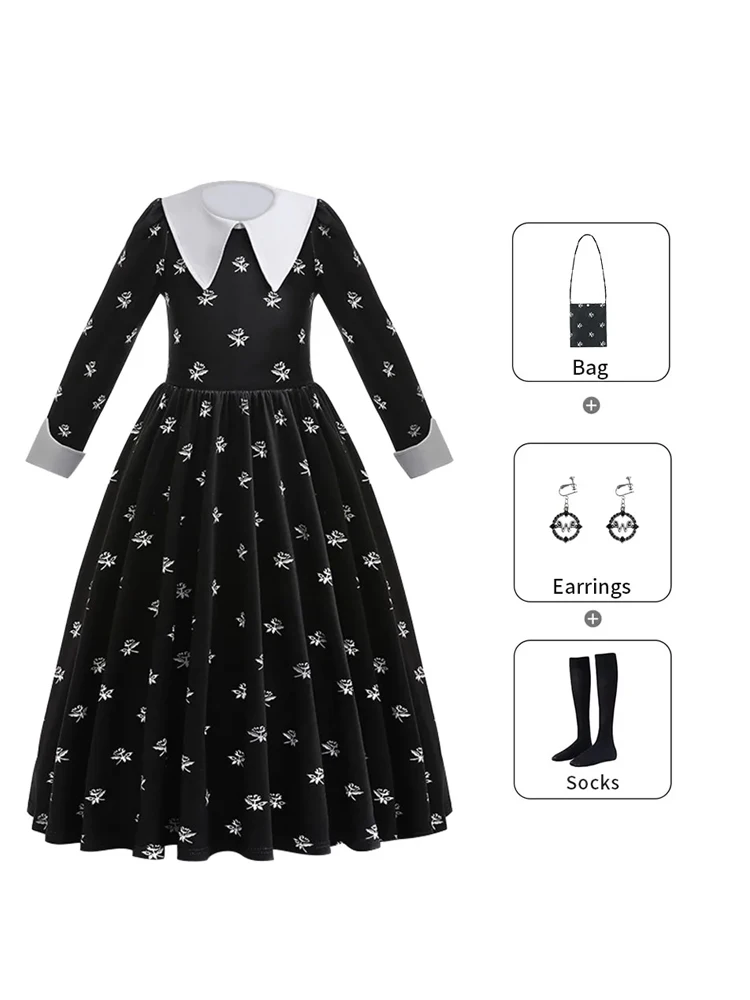 

Black Girls Dress with Bags Socks Earring Easter Cosplay Costume Girl Movie 2025 New Fashion School Carnival Easter Clothing Eid