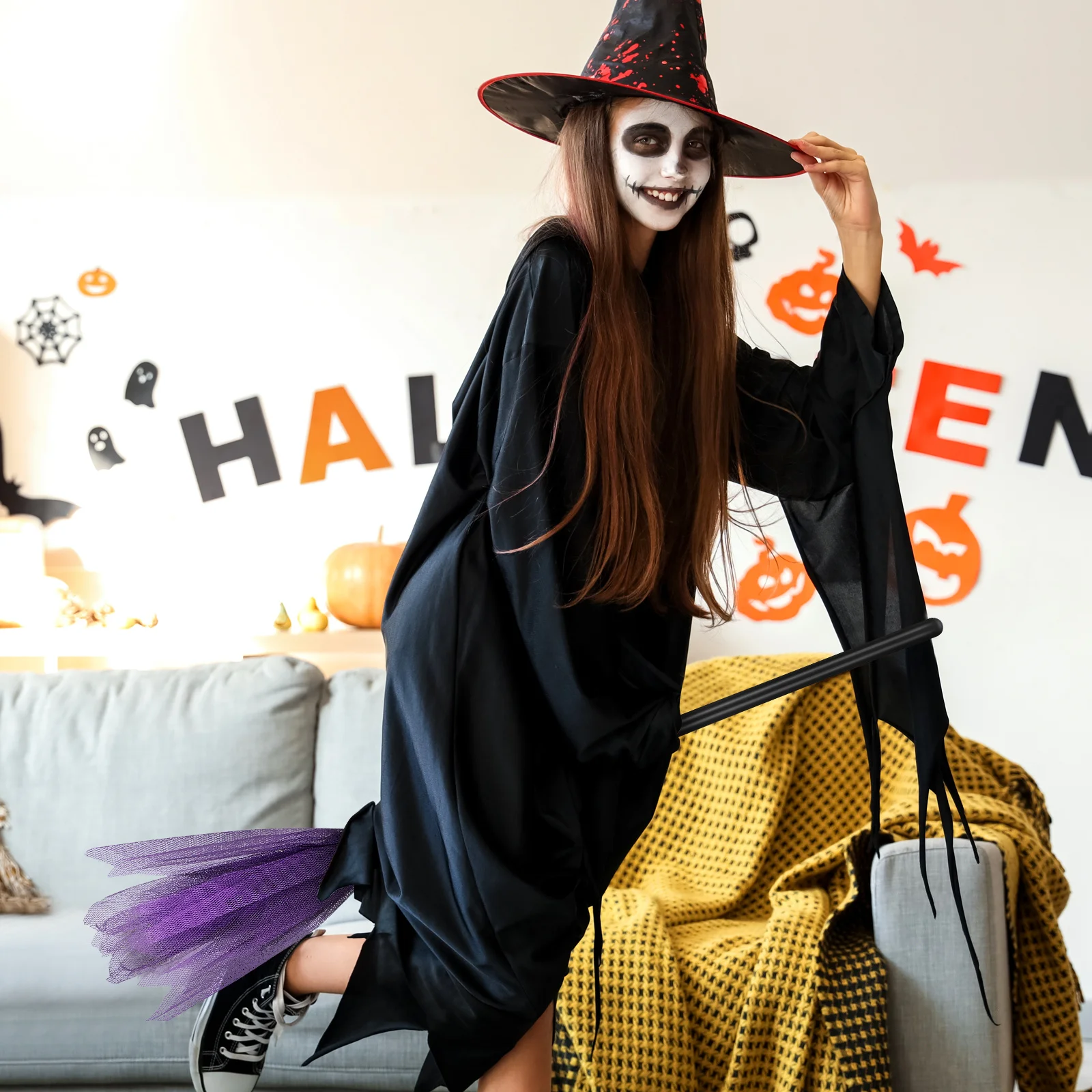 

2pcs Halloween Witches Costume Decoration Prop For Adults Cosplay Party Favor Witch Broom Miracle Broom Decorative Party