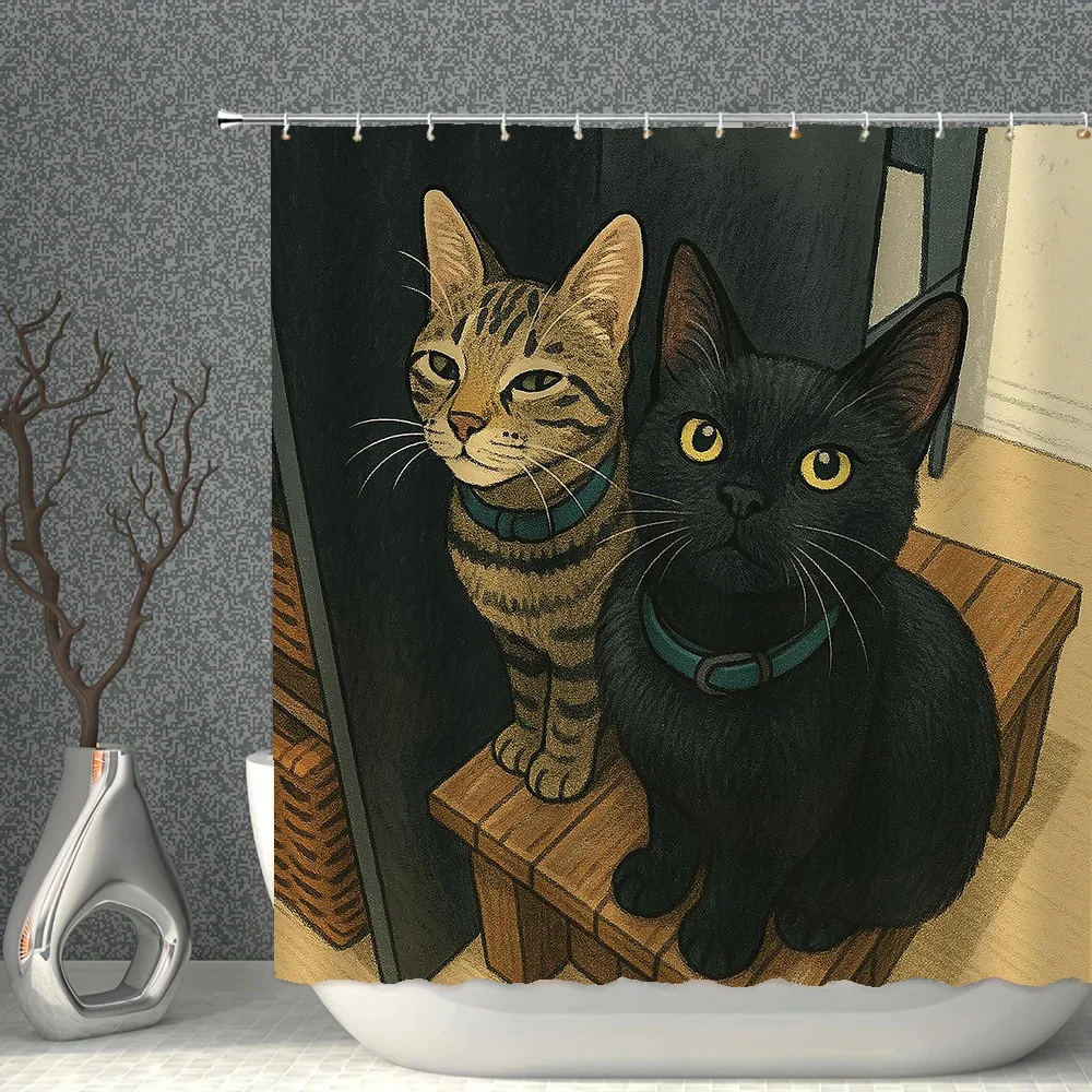 二匹の猫のシャワーカーテン、虎斑猫と黒猫のアート、かわいいペットアニマルプリント、防水ポリエステル製バスルーム装飾